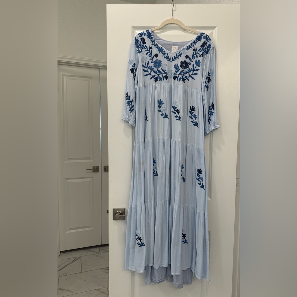 Blue Floral Embroidered Maxi Dress